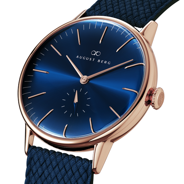 August Berg SERENITY DEEP BLUE Rose Gold Classic Eye Blue Perlon 40mm