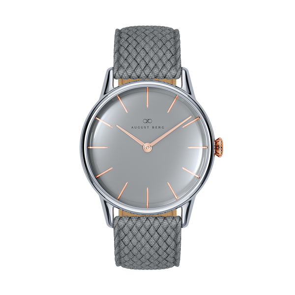 August Berg Serenity Nordic Granite Silver with Rose Gold crown Perlon 32mm