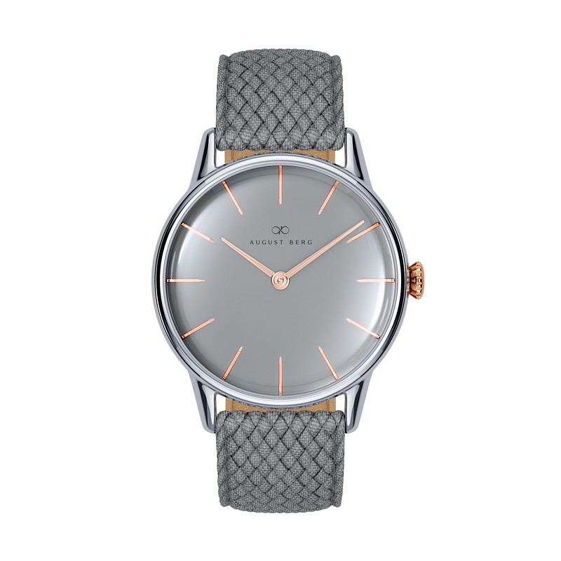 August Berg Serenity Nordic Granite Silver with Rose Gold crown Perlon 32mm