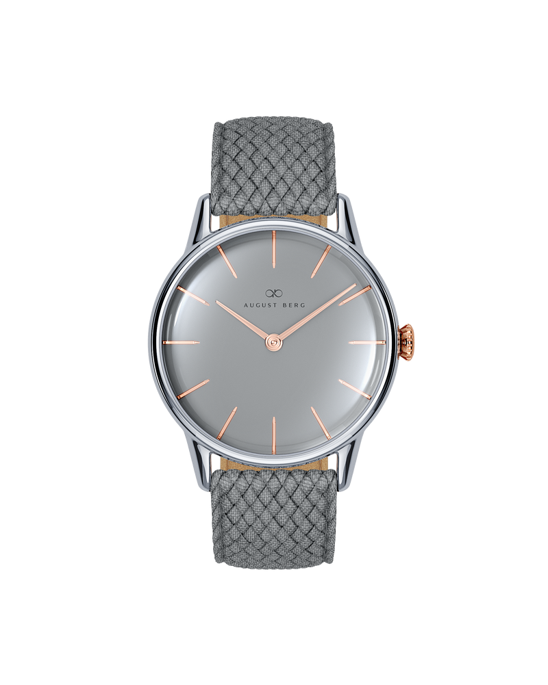 August Berg Serenity Nordic Granite Silver with Rose Gold crown Perlon 32mm