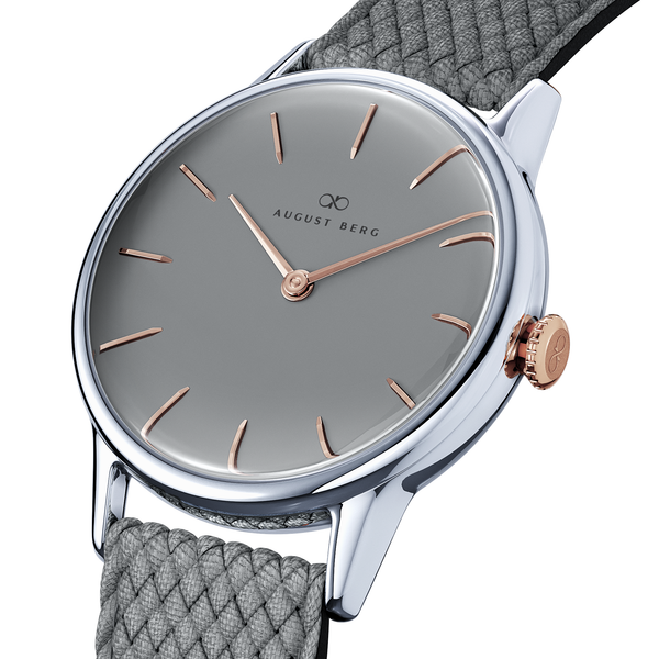 August Berg Serenity Nordic Granite Silver with Rose Gold crown Perlon 32mm