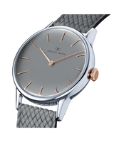 August Berg Serenity Nordic Granite Silver with Rose Gold crown Perlon 32mm