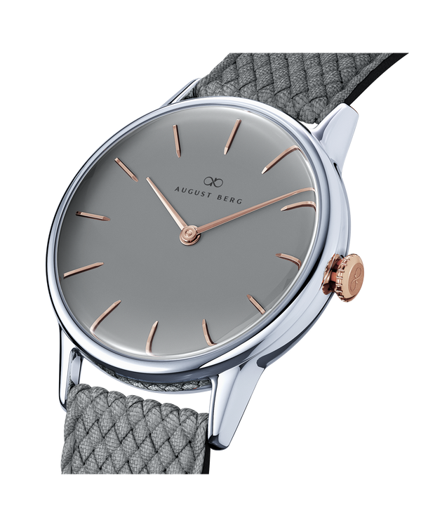August Berg Serenity Nordic Granite Silver with Rose Gold crown Perlon 32mm