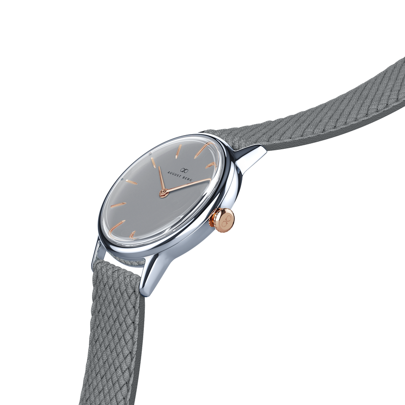 August Berg Serenity Nordic Granite Silver with Rose Gold crown Perlon 32mm