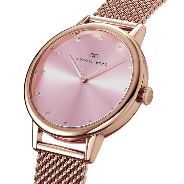 August Berg SERENITY PETITE Rose Gold Blossom Pink Rose Gold Mesh 28mm