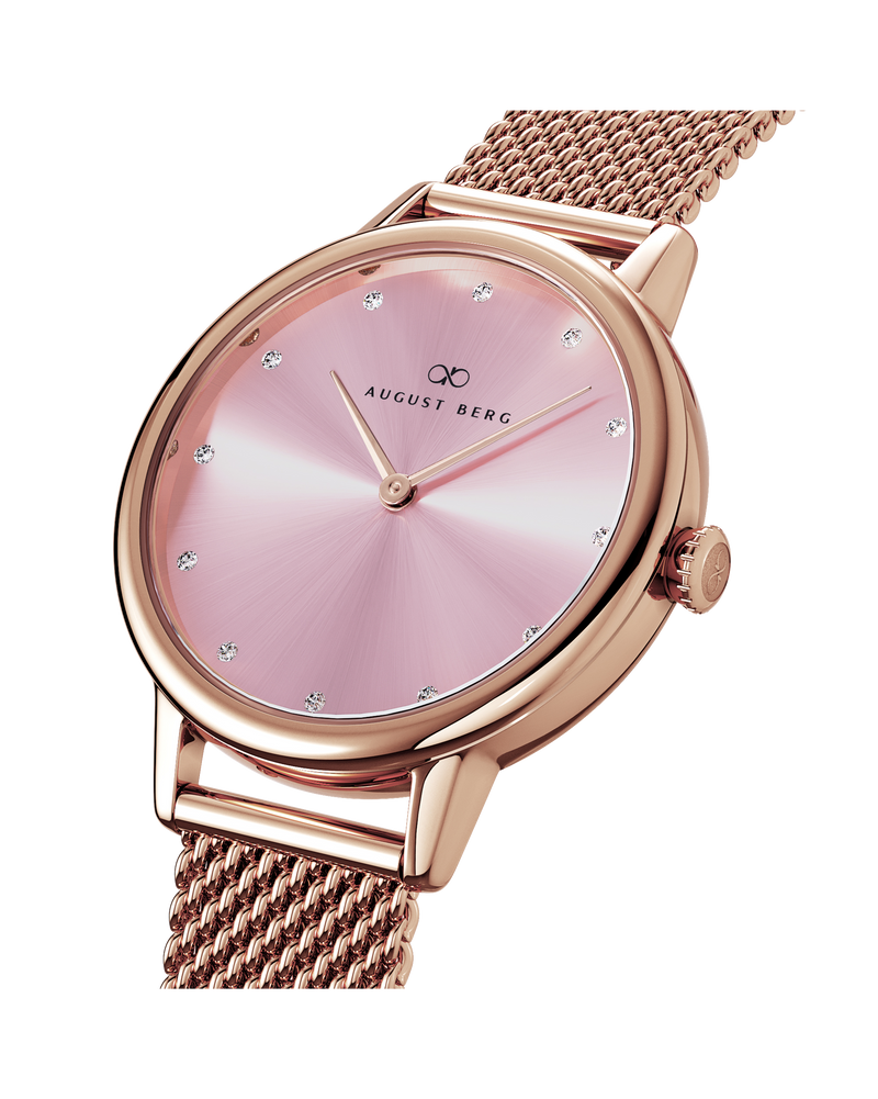 August Berg SERENITY PETITE Rose Gold Blossom Pink Rose Gold Mesh 28mm