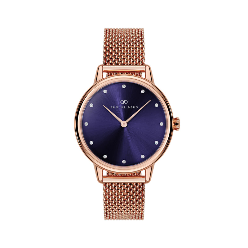 August Berg SERENITY PETITE Rose Gold Blossom purple Rose Gold Mesh 28mm
