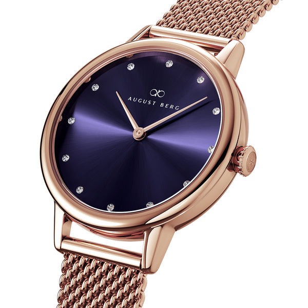 August Berg SERENITY PETITE Rose Gold Blossom purple Rose Gold Mesh 28mm