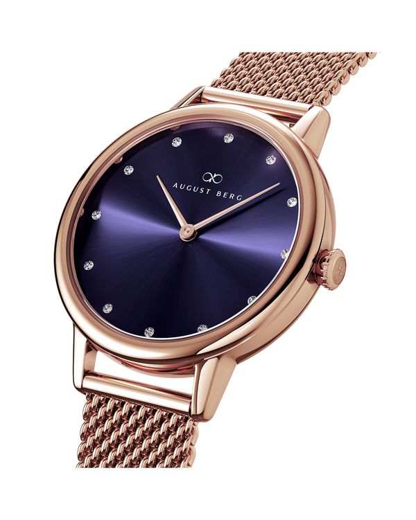 August Berg SERENITY PETITE Rose Gold Blossom purple Rose Gold Mesh 28mm