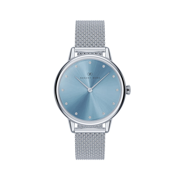 August Berg SERENITY PETITE Silver Dusty Blue Mesh 28mm