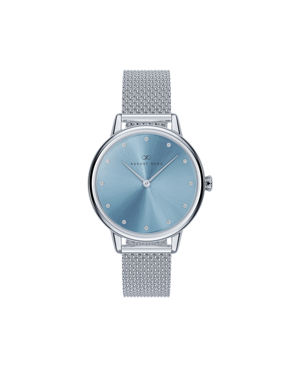 August Berg SERENITY PETITE Silver Dusty Blue Mesh 28mm
