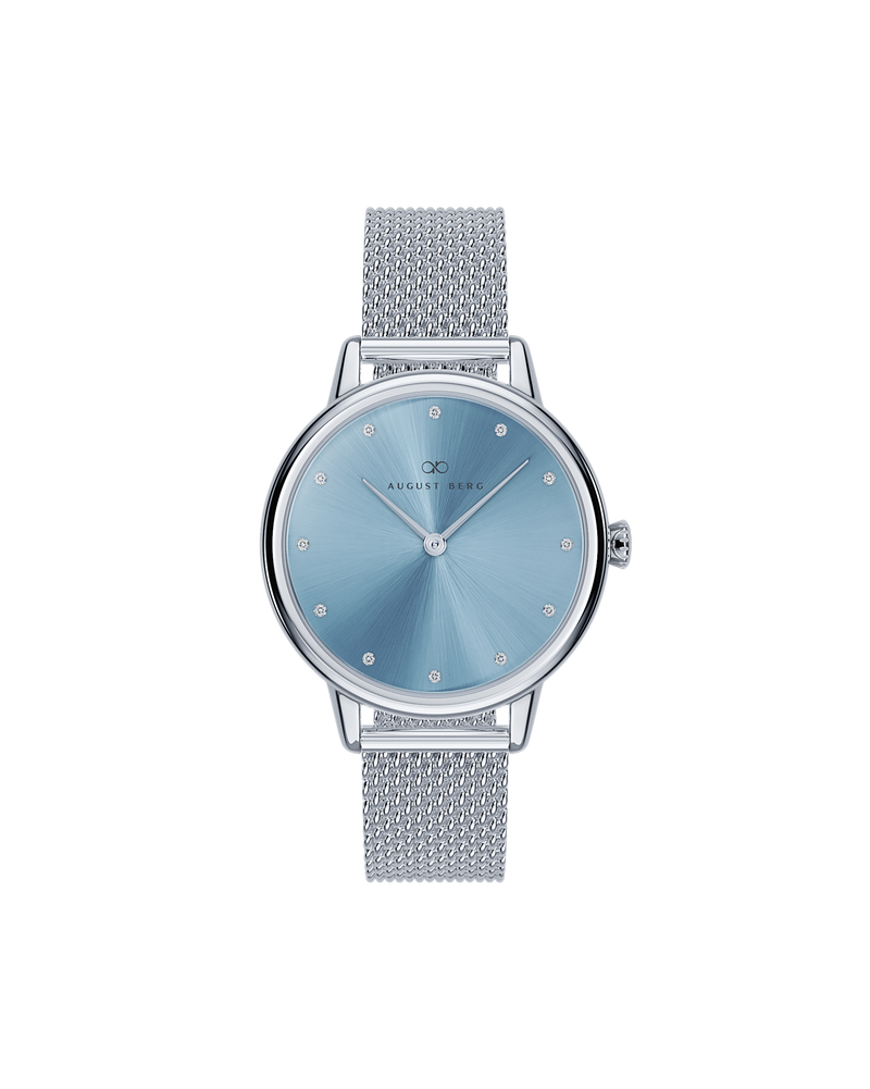 August Berg SERENITY PETITE Silver Dusty Blue Mesh 28mm