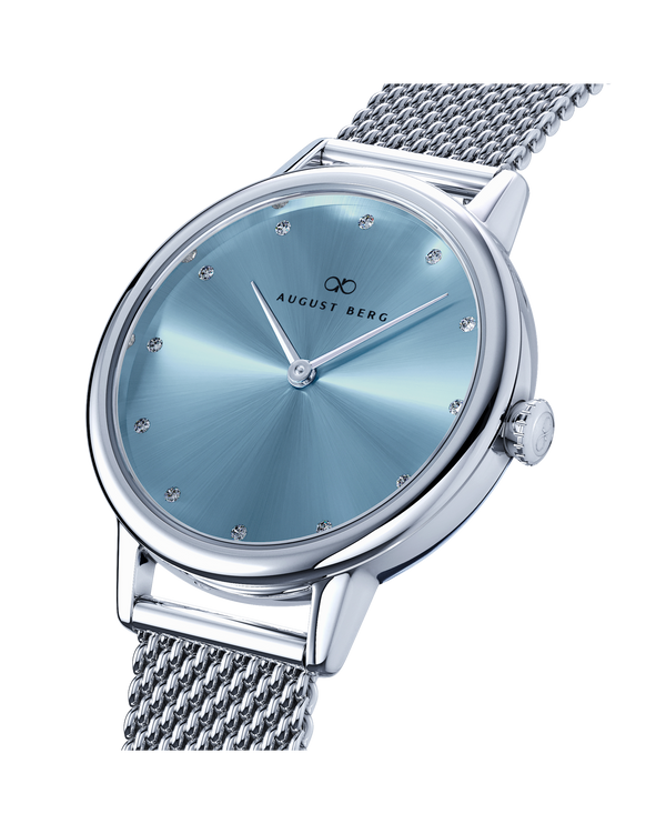 August Berg SERENITY PETITE Silver Dusty Blue Mesh 28mm