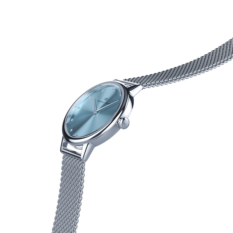 August Berg SERENITY PETITE Silver Dusty Blue Mesh 28mm