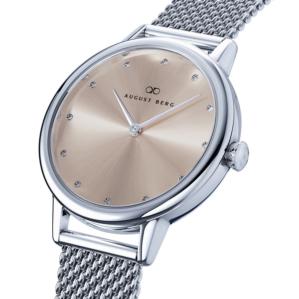 August Berg SERENITY PETITE Silver Champagne Mesh 28mm