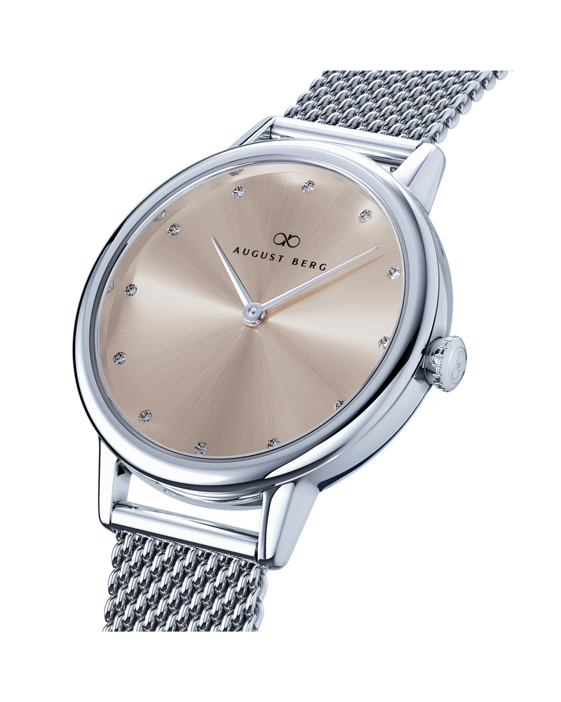 August Berg SERENITY PETITE Silver Champagne Mesh 28mm