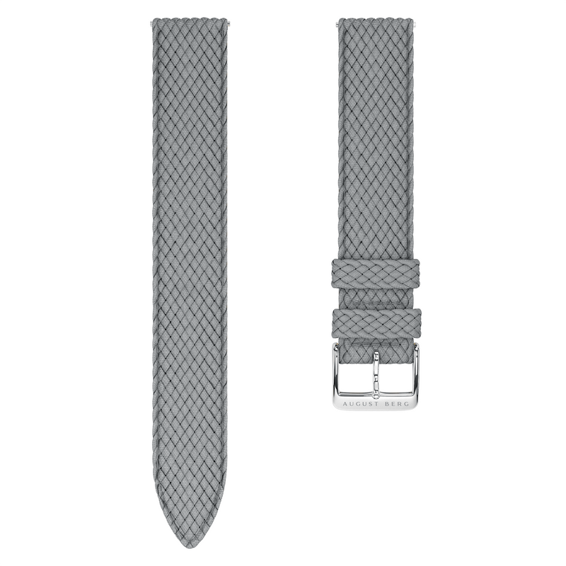 August Berg Serenity Nordic Granite Silver with Rose Gold crown Perlon 32mm