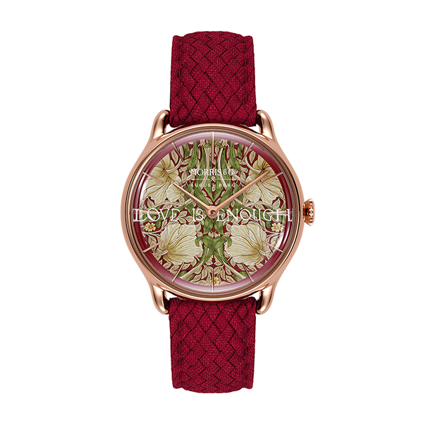 August Berg Morris & Co Pimpernel Rose Gold Crimson Perlon 30mm