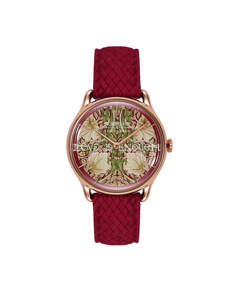 August Berg Morris & Co Pimpernel Rose Gold Crimson Perlon 30mm