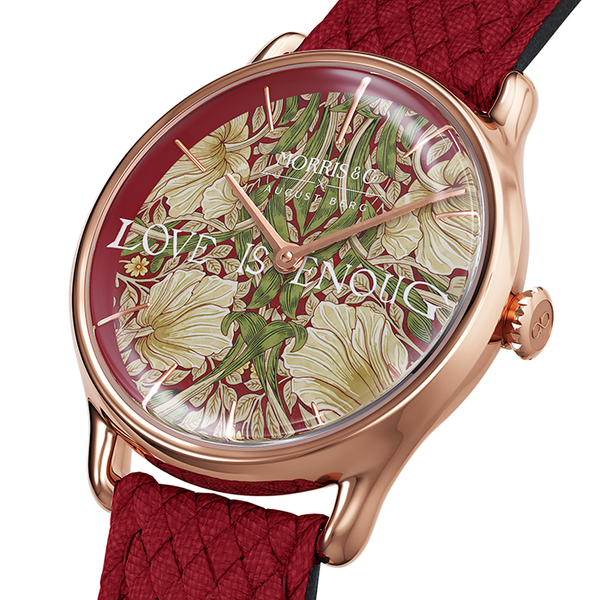 August Berg Morris & Co Pimpernel Rose Gold Crimson Perlon 30mm