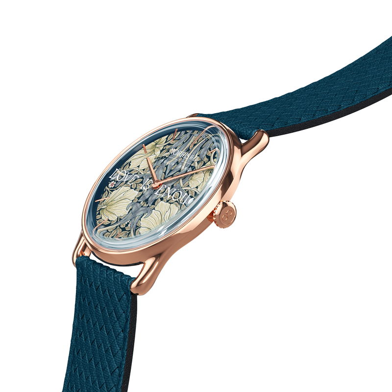 August Berg Morris & Co Pimpernel Rose Gold Indigo Perlon 38mm