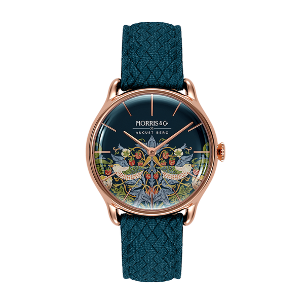 August Berg MORRIS & CO INDIGO Rose Gold Strawberry Thief Indigo Perlon 30mm