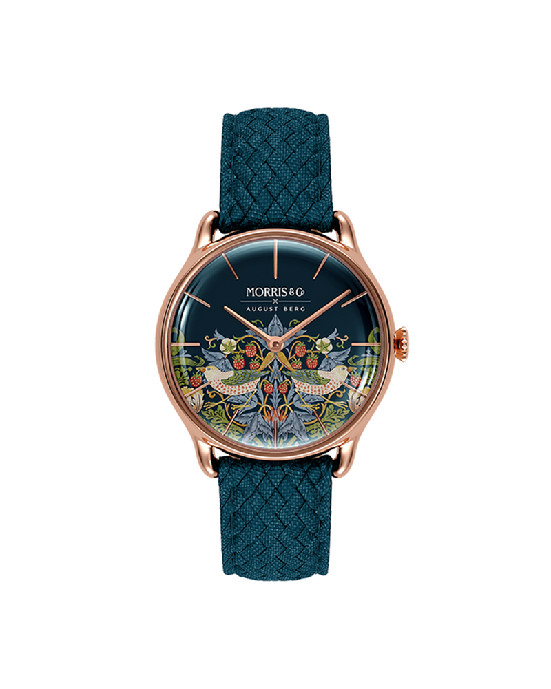 August Berg MORRIS & CO INDIGO Rose Gold Strawberry Thief Indigo Perlon 30mm