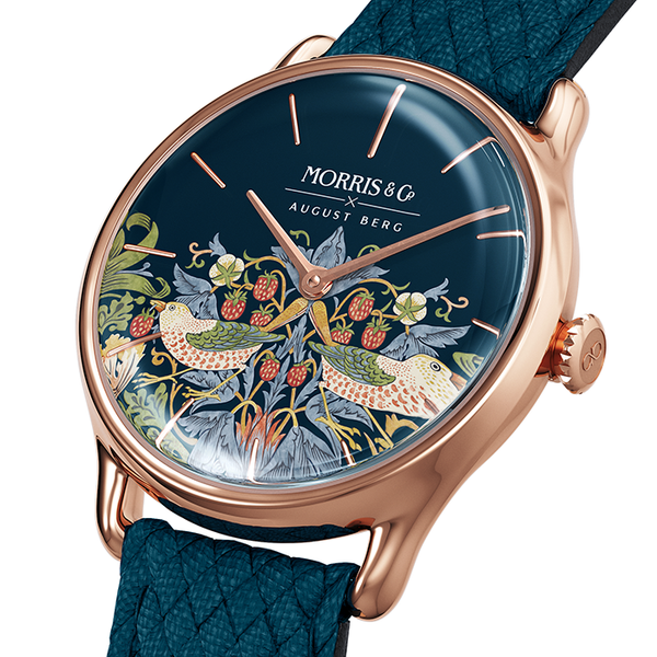 August Berg MORRIS & CO INDIGO Rose Gold Strawberry Thief Indigo Perlon 30mm