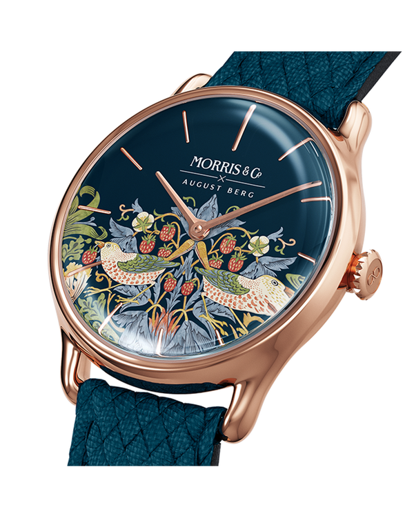 August Berg MORRIS & CO INDIGO Rose Gold Strawberry Thief Indigo Perlon 30mm