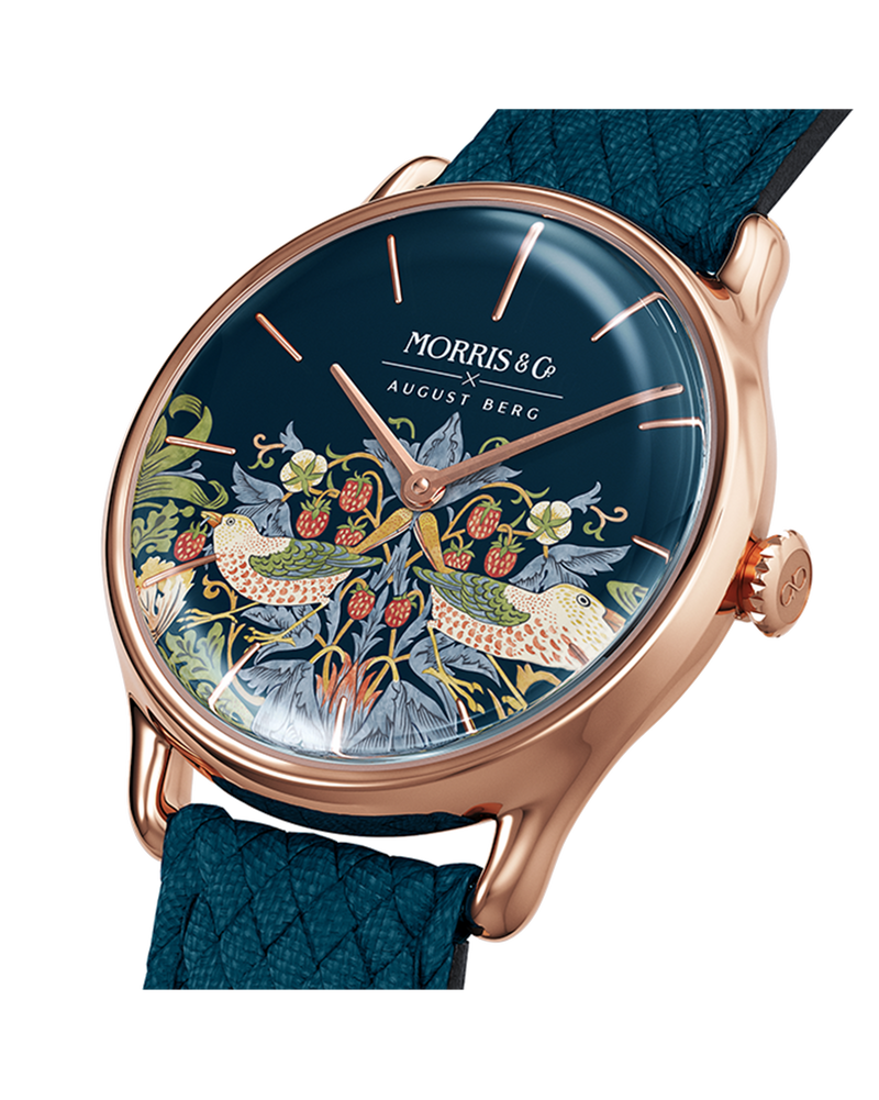 August Berg MORRIS & CO INDIGO Rose Gold Strawberry Thief Indigo Perlon 30mm