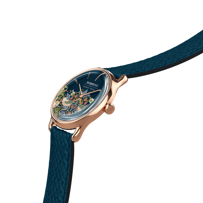 August Berg MORRIS & CO INDIGO Rose Gold Strawberry Thief Indigo Perlon 30mm