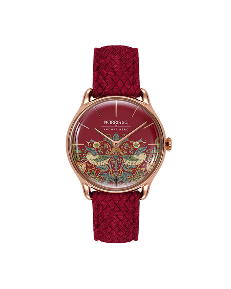 August Berg MORRIS & CO CRIMSON Rose Gold Strawberry Thief Red Perlon 30mm