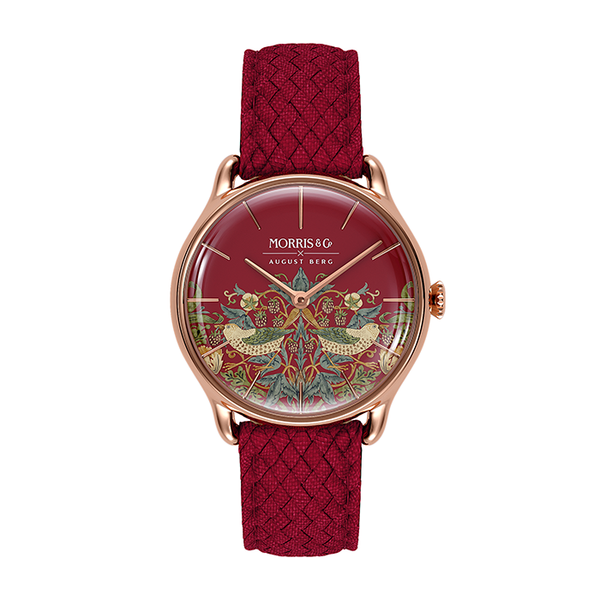 August Berg MORRIS & CO CRIMSON Rose Gold Strawberry Thief Red Perlon 30mm