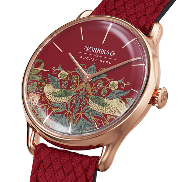 August Berg MORRIS & CO CRIMSON Rose Gold Strawberry Thief Red Perlon 30mm
