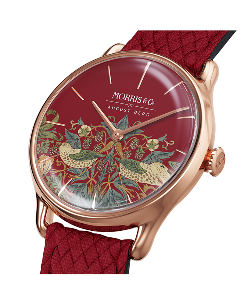 August Berg MORRIS & CO CRIMSON Rose Gold Strawberry Thief Red Perlon 30mm