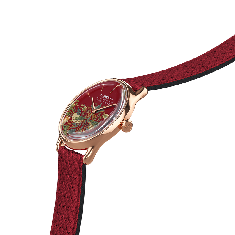 August Berg MORRIS & CO CRIMSON Rose Gold Strawberry Thief Red Perlon 30mm