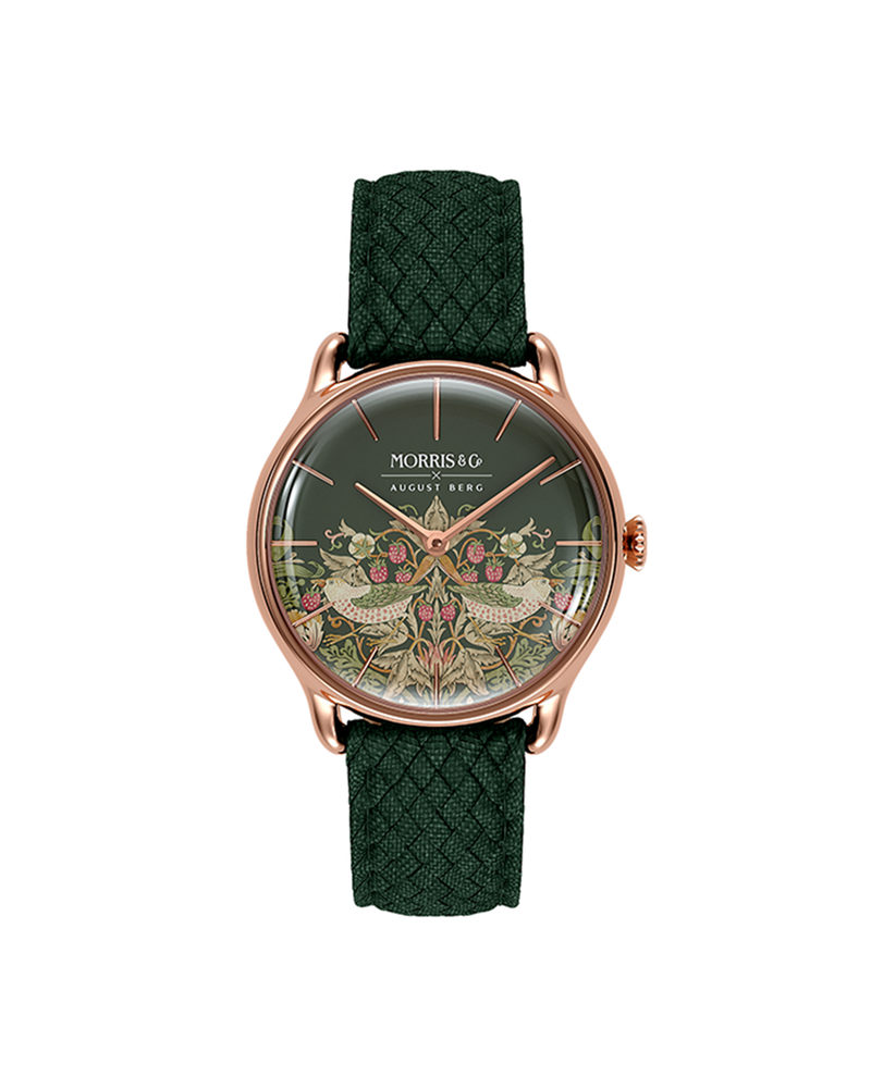 August Berg MORRIS & CO FENNEL Rose Gold Strawberry Thief Green Perlon 30mm