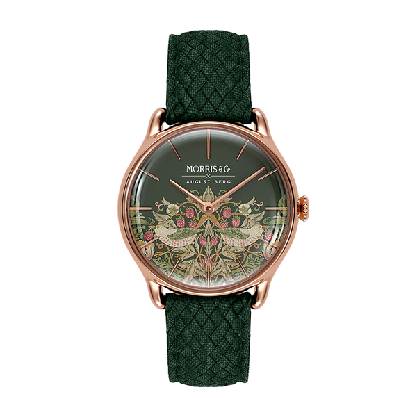 August Berg MORRIS & CO FENNEL Rose Gold Strawberry Thief Green Perlon 30mm