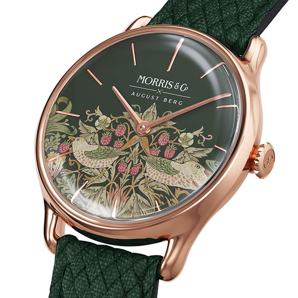 August Berg MORRIS & CO FENNEL Rose Gold Strawberry Thief Green Perlon 30mm