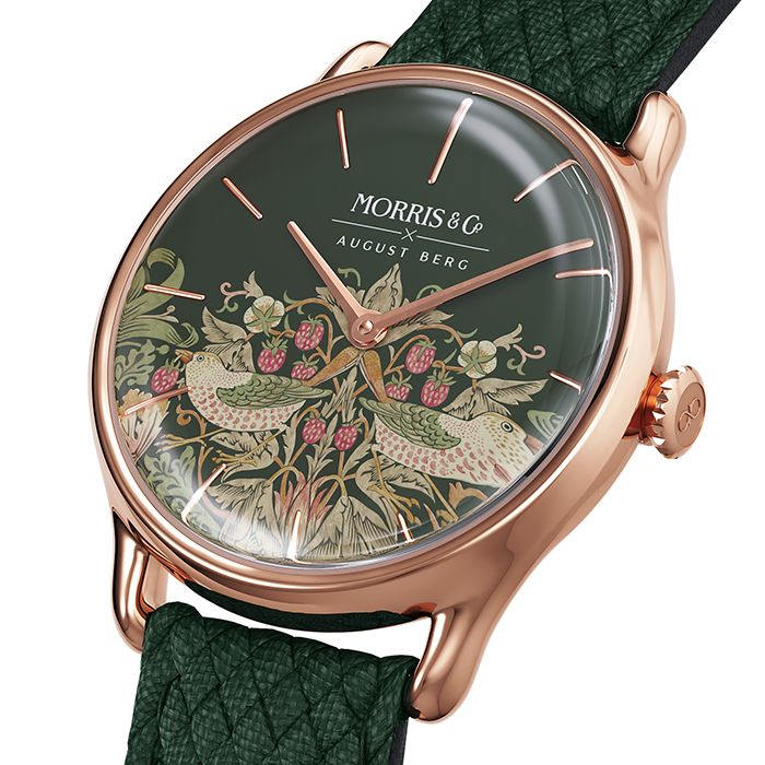 August Berg MORRIS & CO FENNEL Rose Gold Strawberry Thief Green Perlon 30mm
