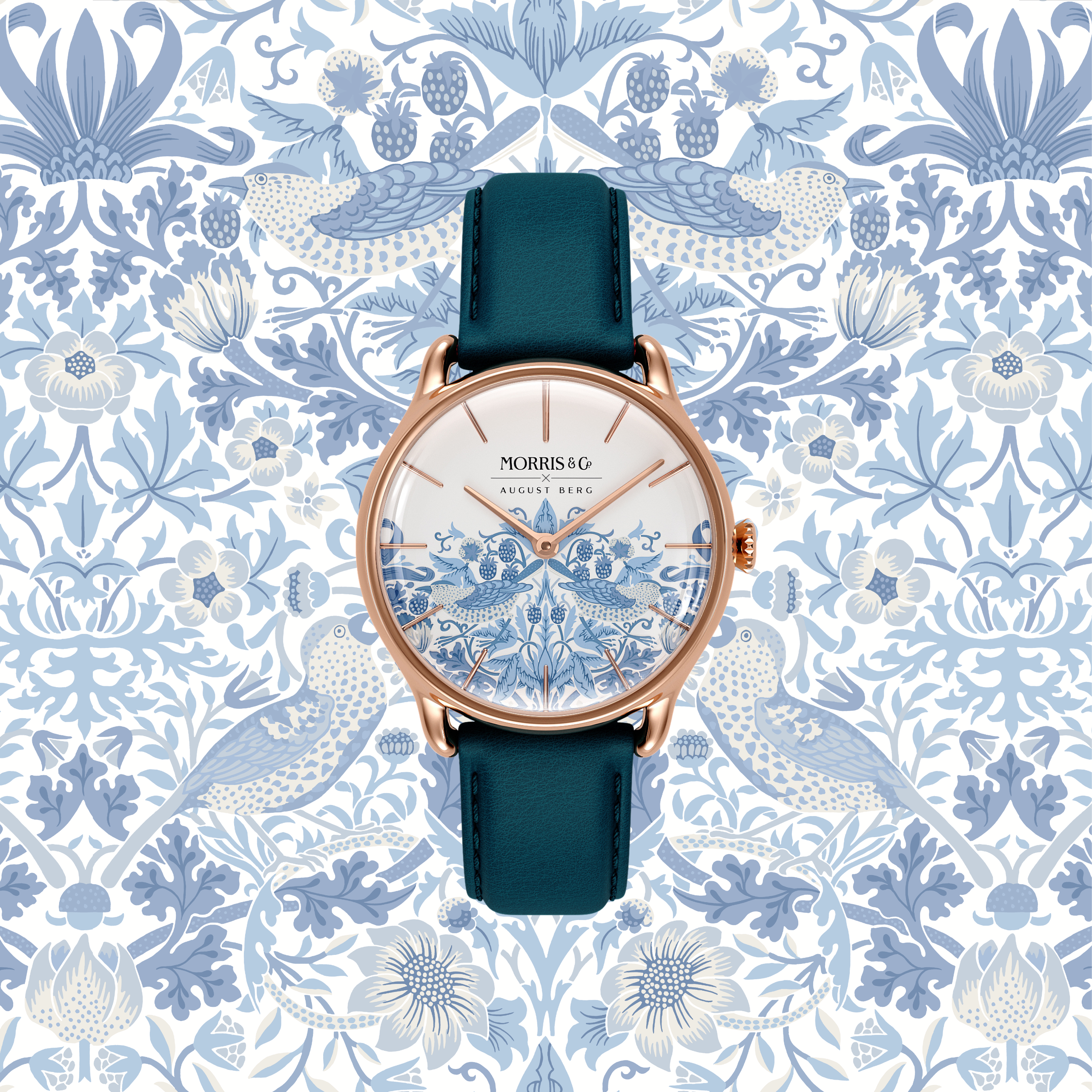 August Berg MORRIS & CO Rose Gold Strawberry Thief Woad Blue Leather 3 ...