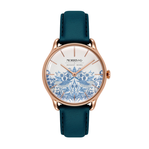 August Berg MORRIS & CO Rose Gold Strawberry Thief Woad Blue Leather 30mm