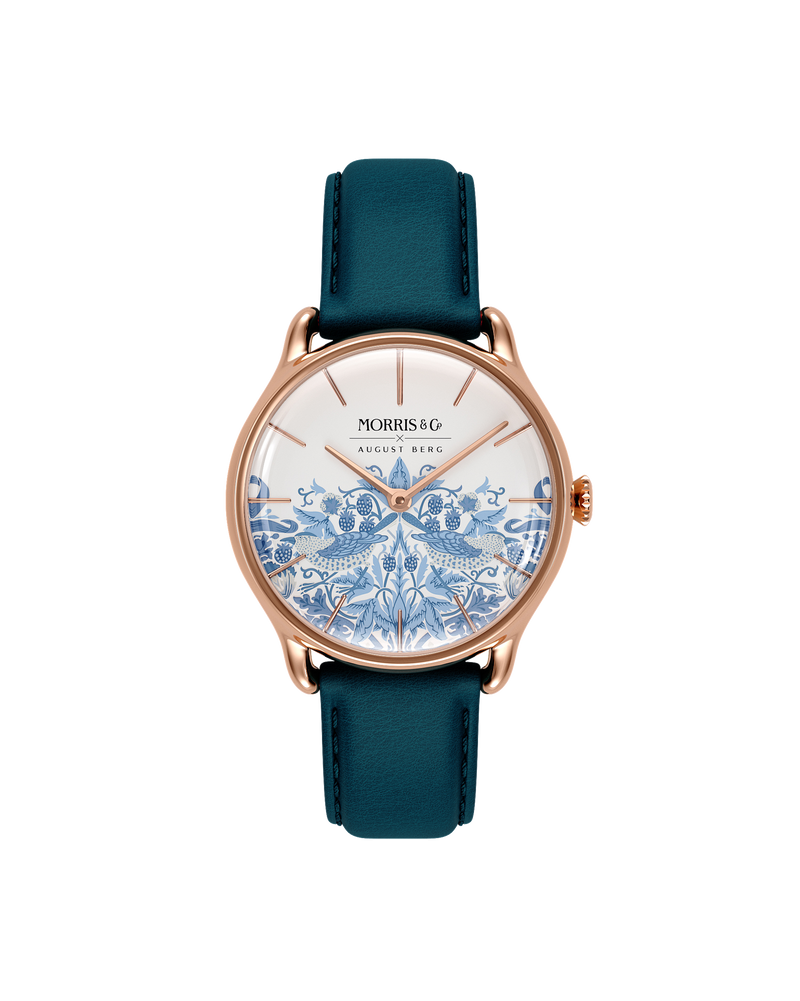August Berg MORRIS & CO Rose Gold Strawberry Thief Woad Blue Leather 30mm