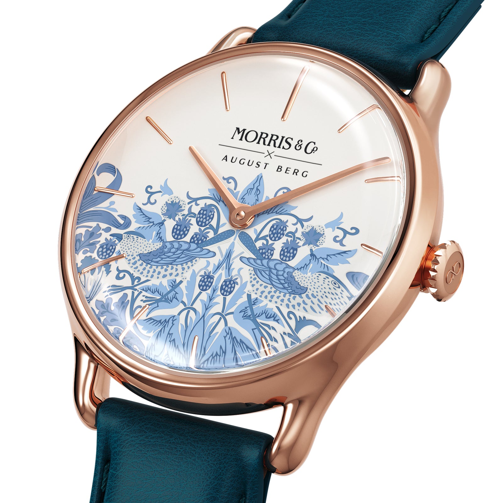 August Berg MORRIS & CO Rose Gold Strawberry Thief Woad Blue 