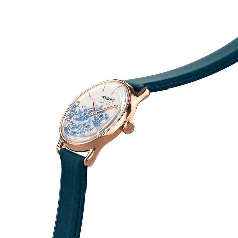 August Berg MORRIS & CO Rose Gold Strawberry Thief Woad Blue Leather 30mm