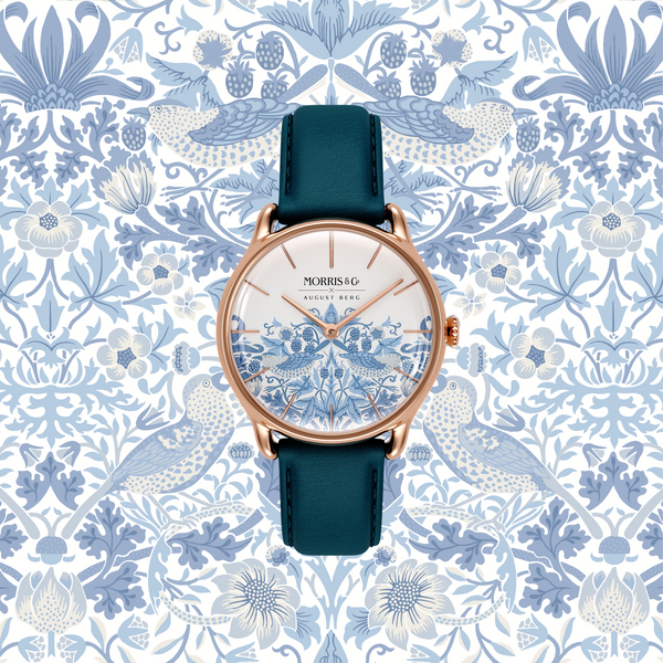 August Berg MORRIS & CO Rose Gold Strawberry Thief Woad Blue Leather 30mm