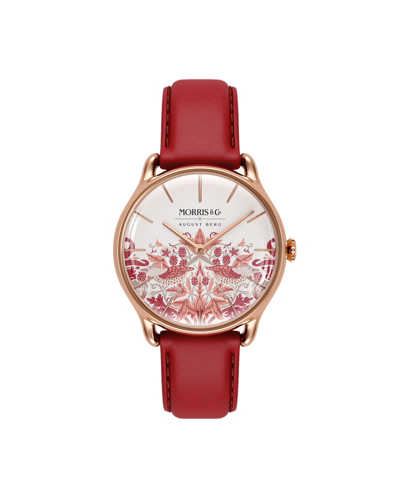 August Berg MORRIS & CO Rose Gold Strawberry Thief Madder Rouge Leather 30mm