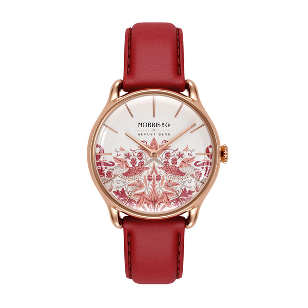 August Berg MORRIS & CO Rose Gold Strawberry Thief Madder Rouge Leather 30mm