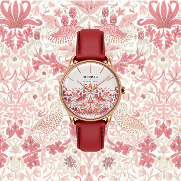 August Berg MORRIS & CO Rose Gold Strawberry Thief Madder Rouge Leather 30mm