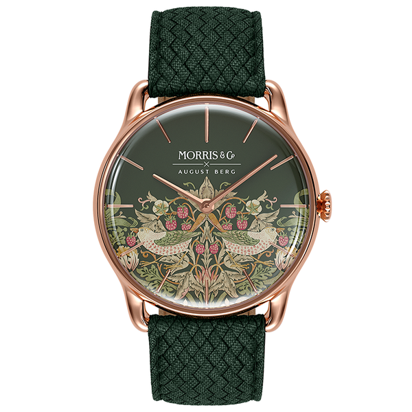 August Berg Morris & Co Strawberry Thief Rose Gold Fennel Perlon 38mm